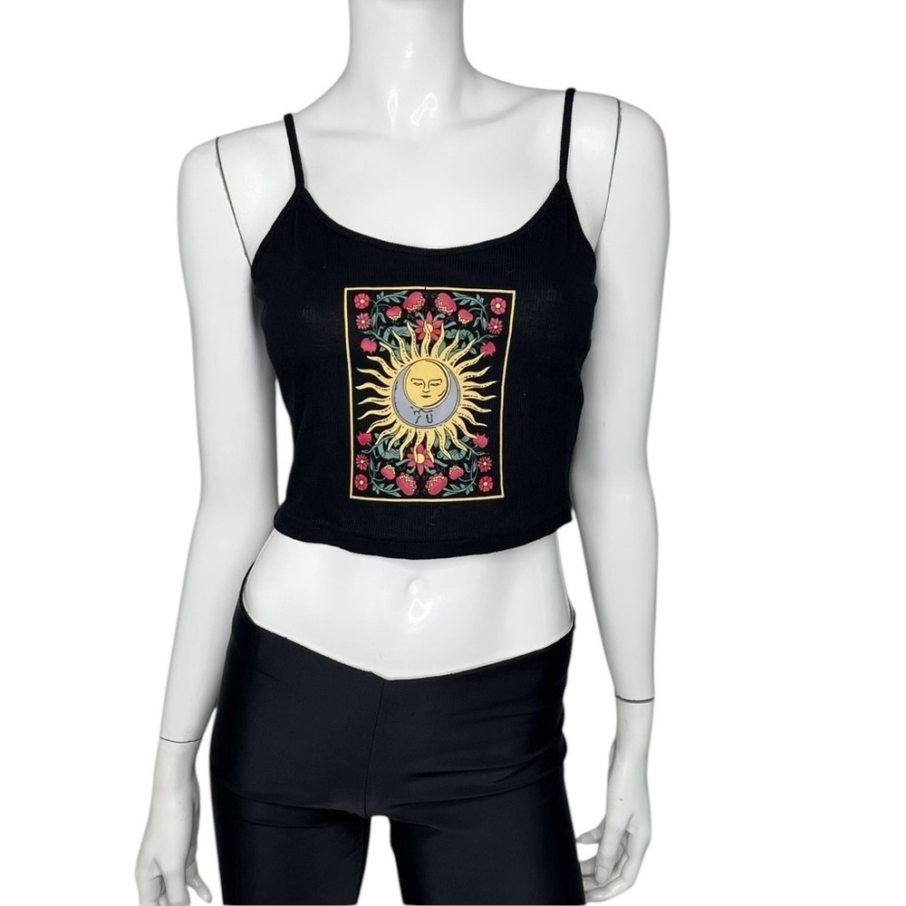 🤑 5/$25 SHEIN Spaghetti Strap Black Crop Top Sun and Floral Embroidery
